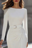 Ivory Pencil Beaded Long Sleeves Midi Work Dress with Belt
