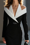 Midi Black and White Patchwork Halter Pencil Work Dress with Slit
