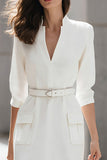 Ivory Pencil Midi V-Neck 3/4 Sleeves Work Dress with Belt