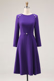 Dark Purple Boat Neck Pencil Midi Work Dress with Buttons