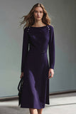 Dark Purple Boat Neck Pencil Midi Work Dress with Buttons