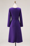 Dark Purple Boat Neck Pencil Midi Work Dress with Buttons