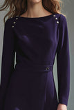 Dark Purple Boat Neck Pencil Midi Work Dress with Buttons