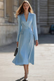 Leely Women Sky Blue Pencil Midi Peak Lapel Blazer Dress One Button Long Sleeves Work Dress