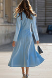 Sky Blue Midi Peak Lapel Pencil One Button Blazer Dress with Sleeves