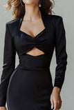 Black Midi Keyhole Long Sleeves Pencil Work Dress with Slit