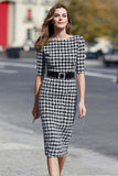 Midi Plaid Black and White Tweed Pencil Half Sleeves Work Dress with Belt