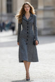 Dark Grey Tweed A Line Midi One Piece Work Dress with Sleeves