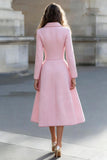 Pink Collar Neck Long Sleeves A Line Tweed Midi One Piece Work Dress