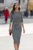 Midi Black and White Pencil Half Sleeves Tweed Plaid Work Dress