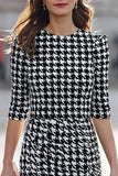 Midi Black and White Pencil Half Sleeves Tweed Plaid Work Dress