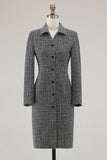 Dark Grey Tweed Collar Neck Pencil Short Work Dress with Sleeves