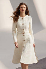 Tweed Ivory Long Sleeves Round Neck Midi Work Dress with Belt