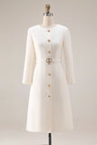 Tweed Ivory Long Sleeves Round Neck Midi Work Dress with Belt