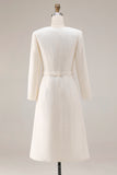 Tweed Ivory Long Sleeves Round Neck Midi Work Dress with Belt