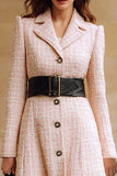 Pink Tweed Notched Lapel Long Sleeves Midi Work Dress with Belt