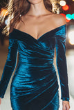 Short Peacock Blue Off the Shoulder Velvet Holiday Party Dress with Sleeves