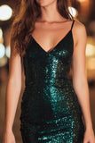 Sparkly Dark Green V Neck Tight Short Sequin Cocktail Dress