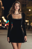 Sparkly Black Velvet Square Neck Short Holiday Party Dress with Beading