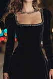 Sparkly Black Velvet Square Neck Short Holiday Party Dress with Beading