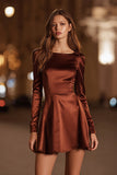 Short Satin Coffee A Line Boat Neck Cocktail Dress with Sleeves