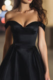 Black Short Satin Off the Shoulder A Line Cocktail Dress