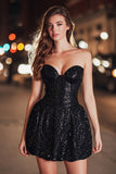 Sparkly Black A Line Short Sequin Sweetheart Cocktail Dress
