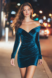 Peacock Blue Off the Shoulder Velvet Short Holiday Party Dress with Sleeves