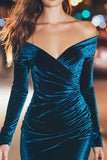 Peacock Blue Off the Shoulder Velvet Short Holiday Party Dress with Sleeves