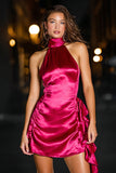 Fuchsia Satin High Neck Bodycon Short Cocktail Dress with Ruffles