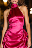 Fuchsia Satin High Neck Bodycon Short Cocktail Dress with Ruffles