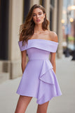 Lilac Short A Line Satin Off the Shoulder Cocktail Dress with Drape