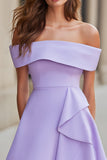 Lilac Short A Line Satin Off the Shoulder Cocktail Dress with Drape