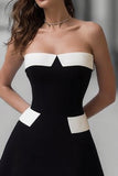 Black and White Short A Line Strapless Satin Cocktail Dress