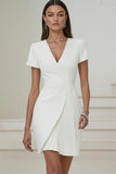 Ivory V-Neck Pleated Short Pencil Work Dress with Sleeves