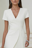 Ivory V-Neck Pleated Short Pencil Work Dress with Sleeves