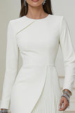 Short Ivory Pencil Pleated Round Neck Work Dress with Sleeves