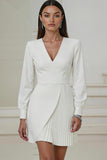 Ivory Short Pencil V-Neck Pleated Work Dress with Sleeves