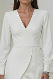 Ivory Short Pencil V-Neck Pleated Work Dress with Sleeves