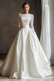 Ivory Boat Neck Sweep Train Long Sleeves Boho Wedding Dress with Lace