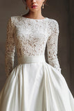 Ivory Boat Neck Sweep Train Long Sleeves Boho Wedding Dress with Lace