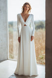 Ivory Sheath V-Neck Keyhole Floor Length Wedding Dress with Sleeves