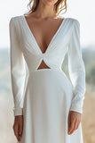Ivory Sheath V-Neck Keyhole Floor Length Wedding Dress with Sleeves