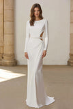 Beaded Ivory Mermaid Boat Neck Cut Out Sweep Train Wedding Dress with Sleeves