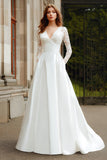 Ivory Long Sleeves V-Neck A Line Sweep Train Boho Wedding Dress with Lace