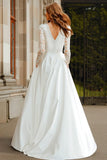 Ivory Long Sleeves V-Neck A Line Sweep Train Boho Wedding Dress with Lace