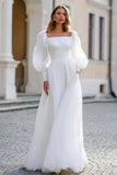 Ivory Square Neck Puff Sleeves A Line Floor Length Wedding Dress