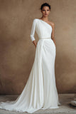 Ivory Ruched Mermaid Sweep Train One Shoulder Wedding Dress with Side Cape