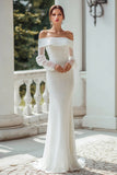 Ivory Dotted Mermaid Sweep Train Off the Shoulder Wedding Dress with Sleeves