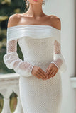 Ivory Dotted Mermaid Sweep Train Off the Shoulder Wedding Dress with Sleeves